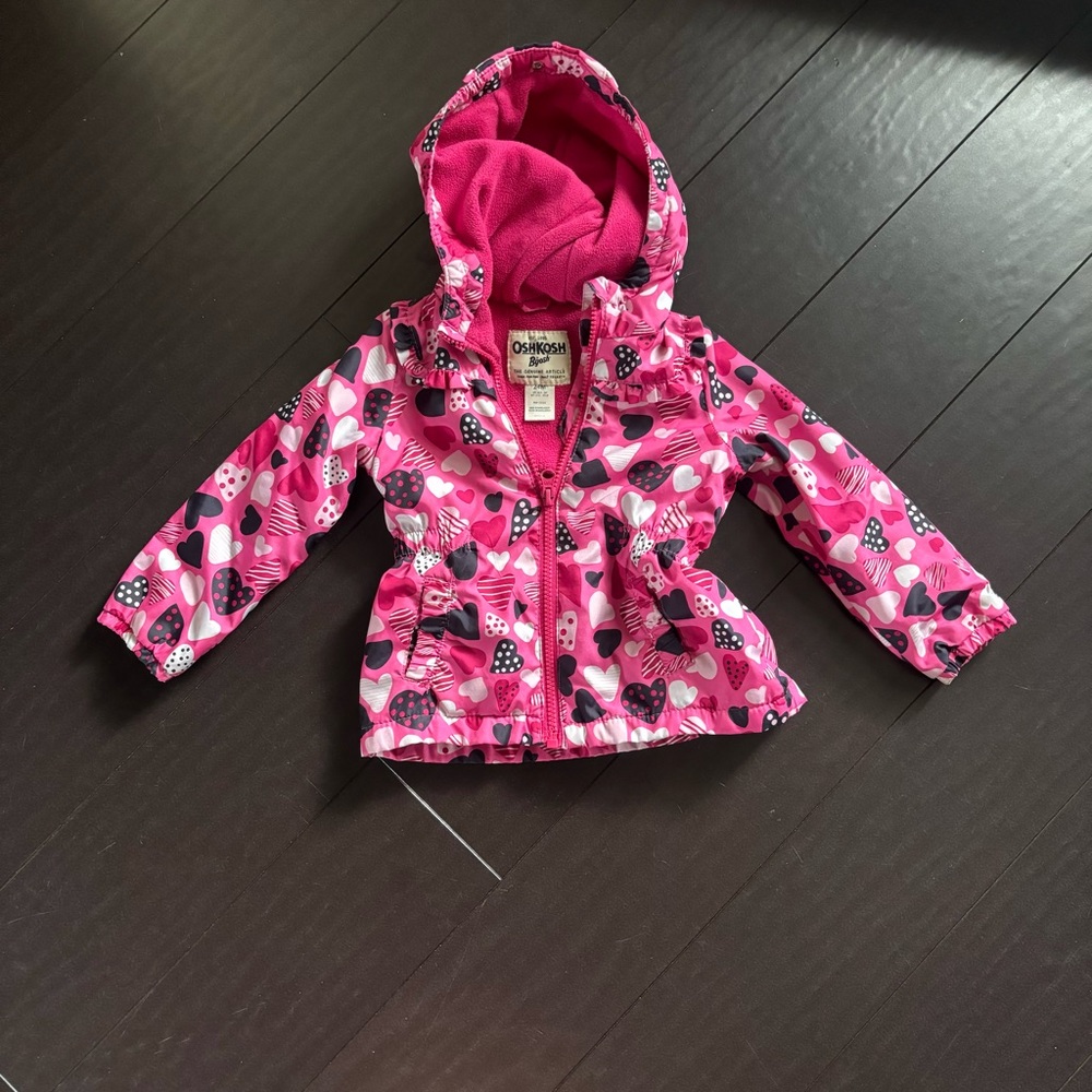 Oshkosh B'gosh toddler girl pink  heart lightly lined hooded jacket size 24M EUC